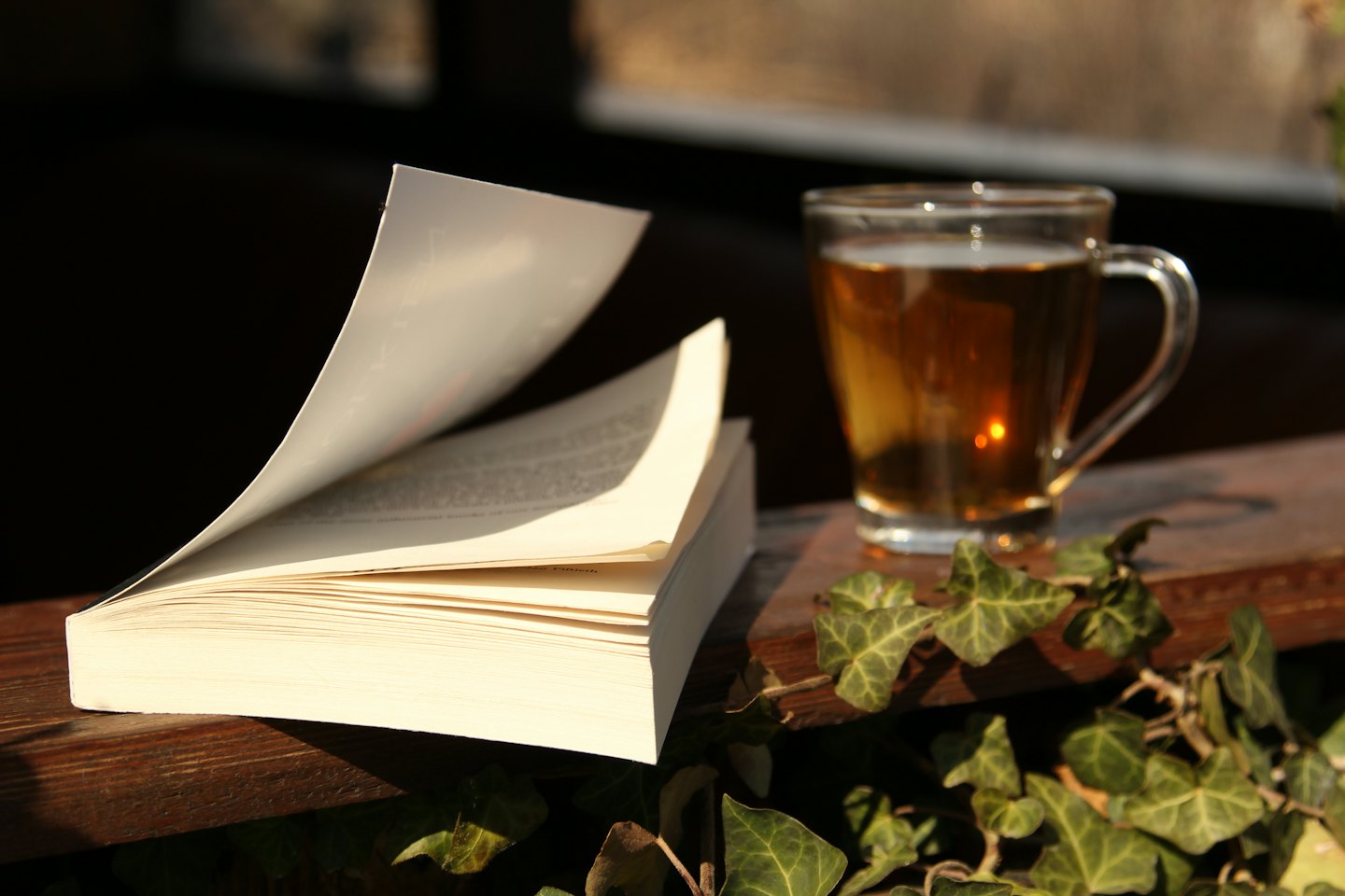 An open book and tea mug resting on a wooden table.